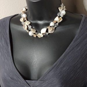 Two Layer Shell, Plastic, And Glass Bead Necklace Adjustable 17 To 20 Inches